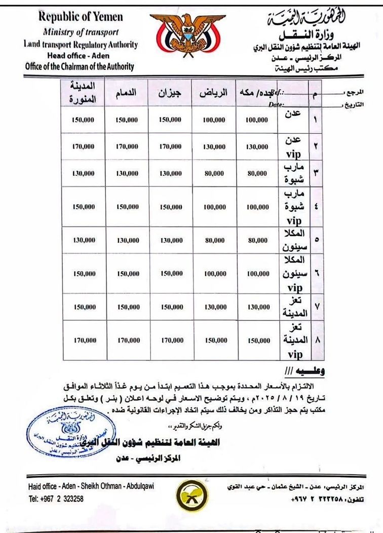 قائمة الاسعار...وزارة النقل تحدد تعرفة جديدة للنقل البري الدولي من اليمن إلى السعودية