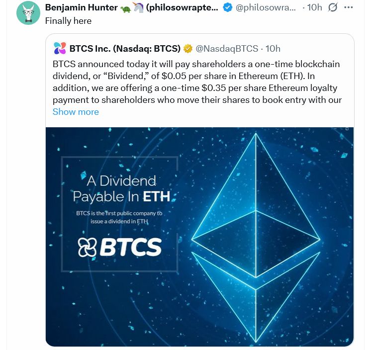 BTCS توزع أرباحًا ودفعة ولاء بالـ ETH بقيمة 0.40 دولار للسهم لمكافحة البيع على المكشوف
