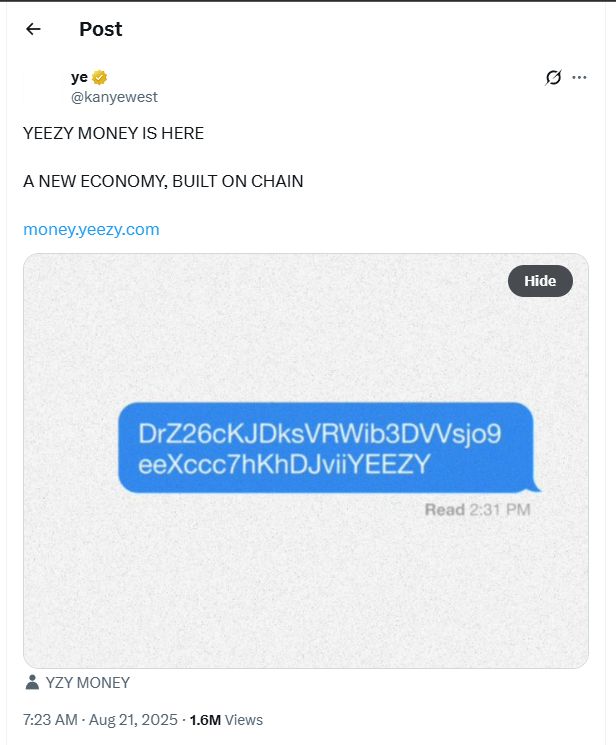 عملة الميم YZY الخاصة بـ كانييه ويست تصل إلى 3 مليارات دولار قبل أن تتراجع بسبب مخاوف من تداول المطلعين