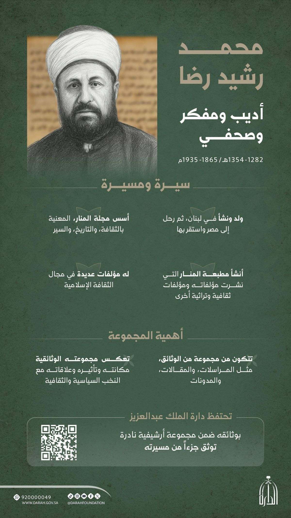 «الدارة» تتيح مجموعة وثائق نادرة لمؤسس مجلة «المنار»