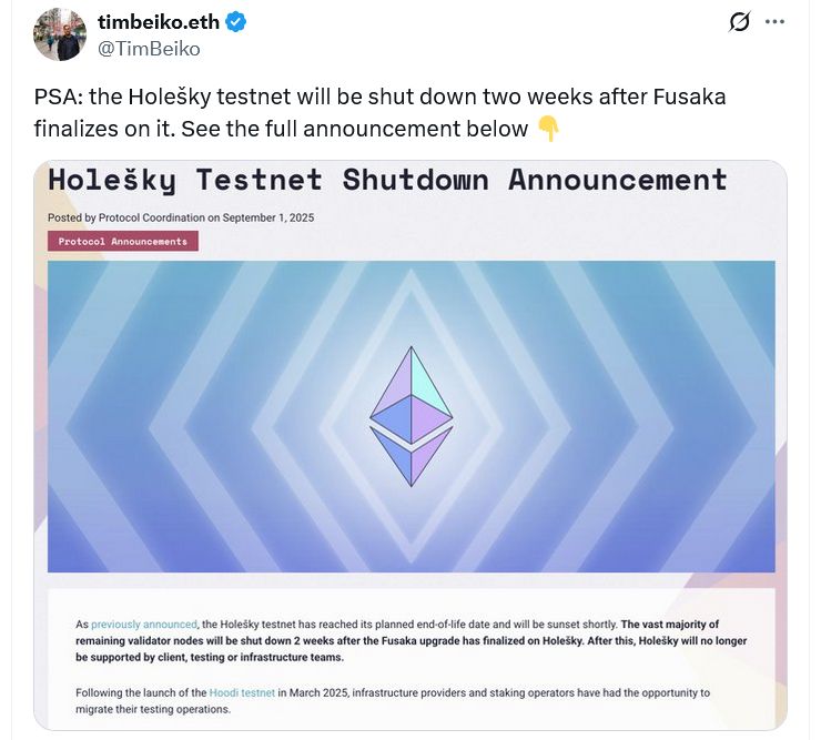 إيثريوم تستعد لإيقاف شبكة الاختبار الأكبر "Holesky" بعد ترقية Fusaka
