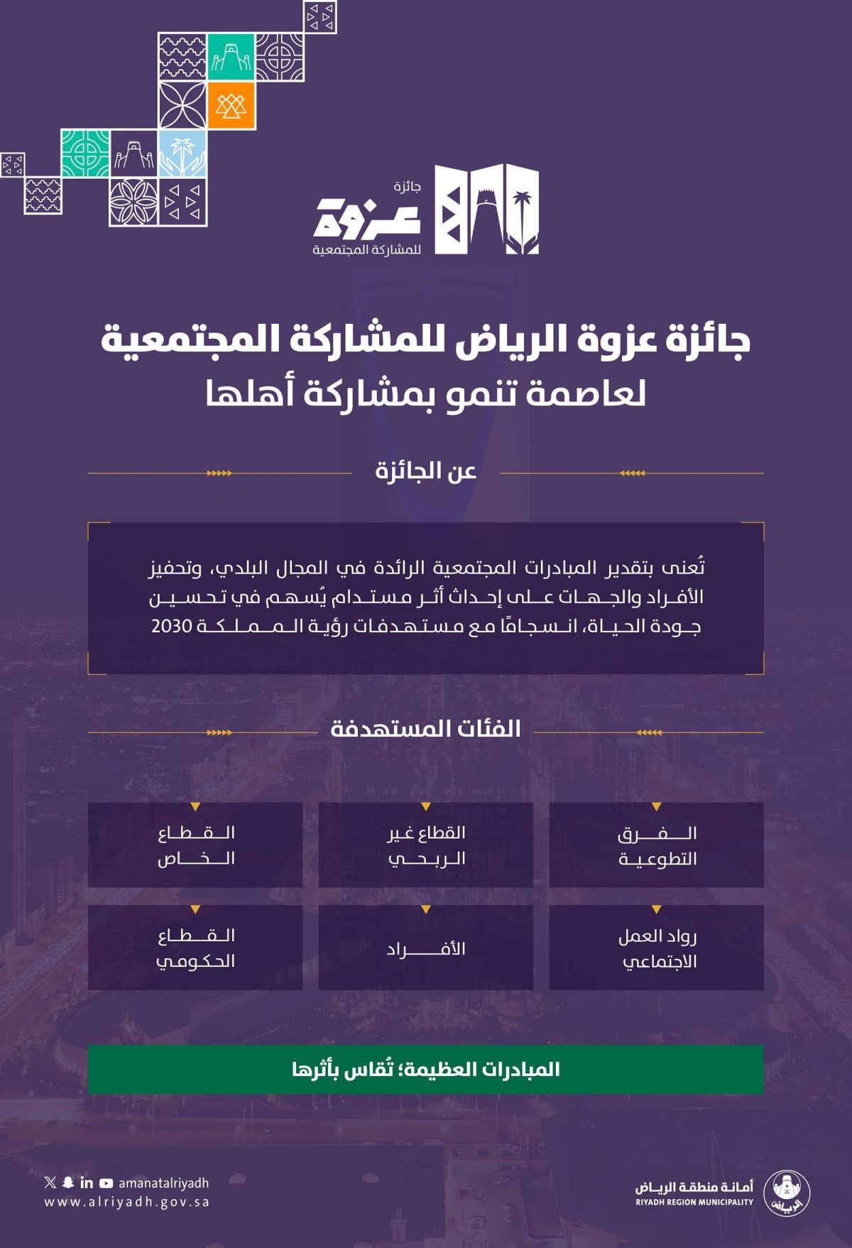 أمانة منطقة الرياض تطلق «جائزة عزوة» لتكريم العمل التطوعي وتعزيز المبادرات المجتمعية