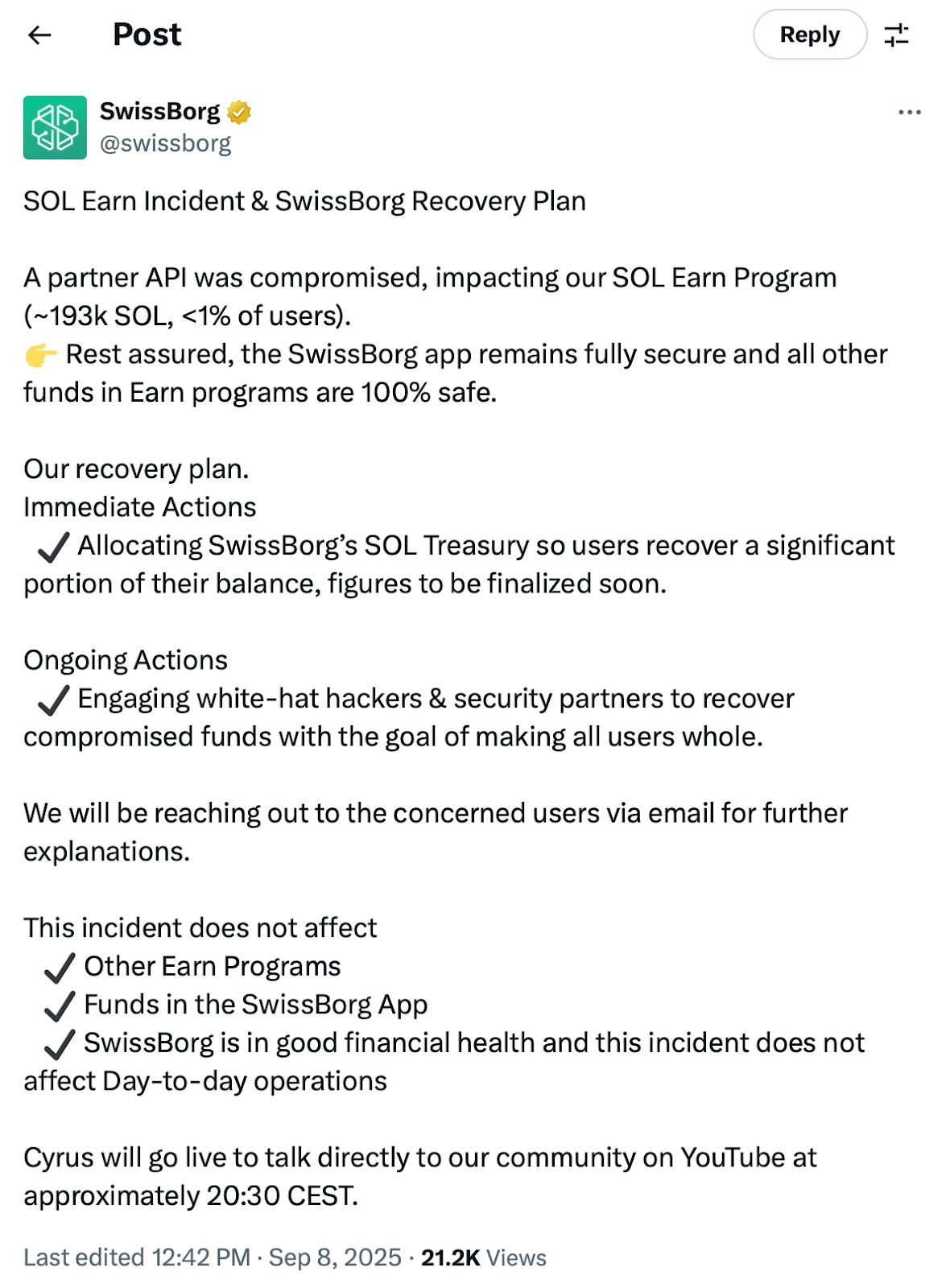 اختراق SwissBorg وسرقة 41 مليون دولار من عملة SOL بعد ثغرة في واجهة برمجة تطبيقات طرف ثالث