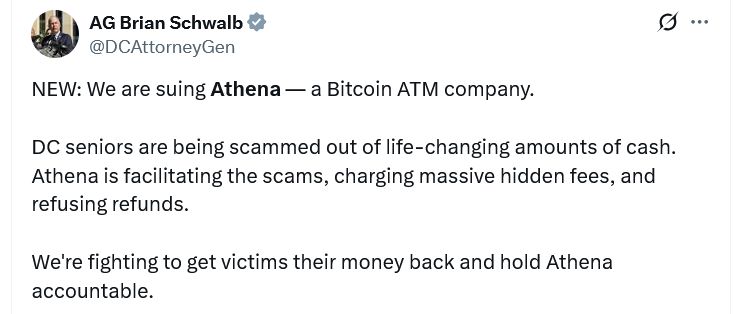 المدعي العام في واشنطن يرفع دعوى ضد Athena Bitcoin بسبب رسوم خفية مزعومة