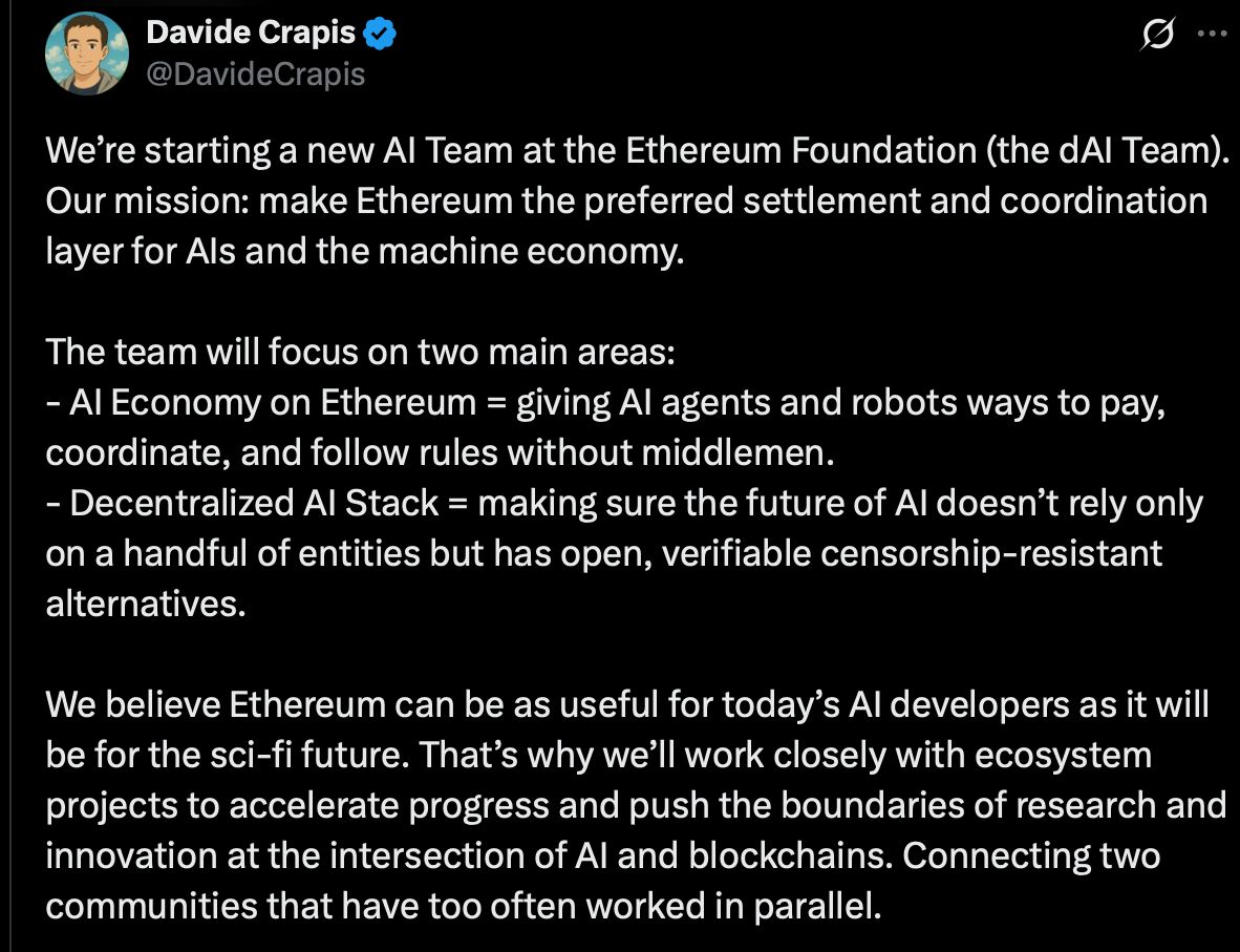 إيثريوم تعيّن مسؤولًا جديدًا للذكاء الاصطناعي ويقول إن الطلب من المنظومة هو الدافع