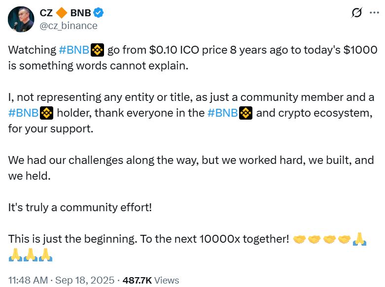 مستثمر "Diamond hand" يحول 1000 دولار إلى مليون دولار مع وصول BNB إلى 1000 دولار