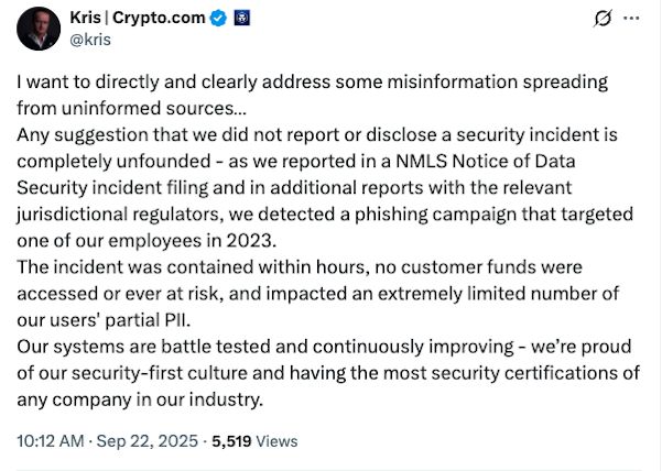 بورصة Crypto.com تنفي تسريب بيانات المستخدمين في 2023 وتصف التقارير بأنها "لا أساس لها"