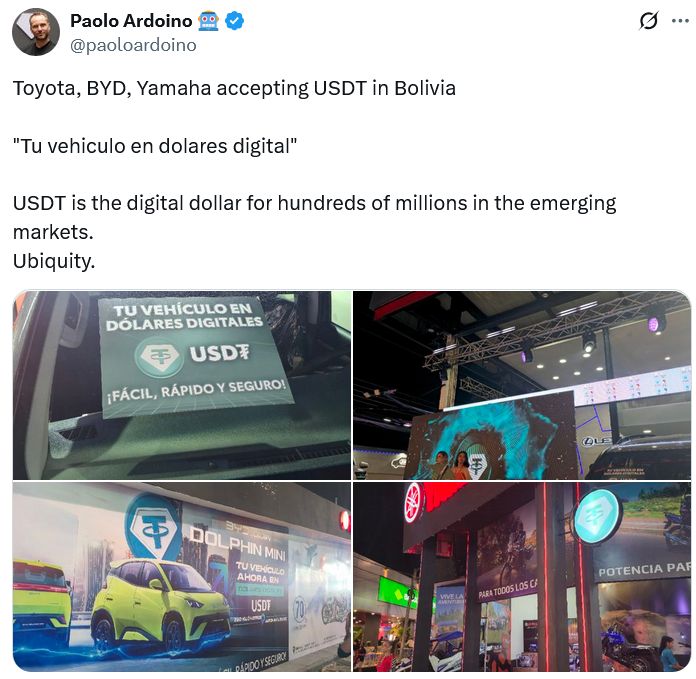 تويوتا وياماها وBYD تبدأ بقبول عملة Tether في بوليفيا وسط تراجع احتياطات الدولار