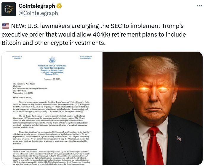 المشرّعون الأمريكيون يحثّون هيئة الأوراق المالية على التحرك بشأن خطة ترامب للتقاعد بالكريبتو